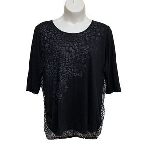 Faded Glory Tunic Top Womens Size 4X Black Animal Print Knit 3/4 Sleeve Ruched
